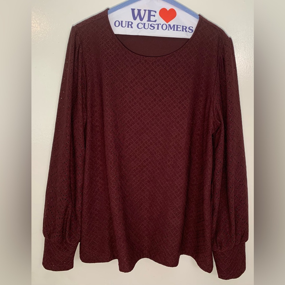 Ann Taylor Factory Maroon Eyelet Ling Sleeve Top